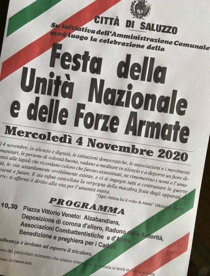 Saluzzo, un 4 novembre senza pubblico: ricordare unità nazionale