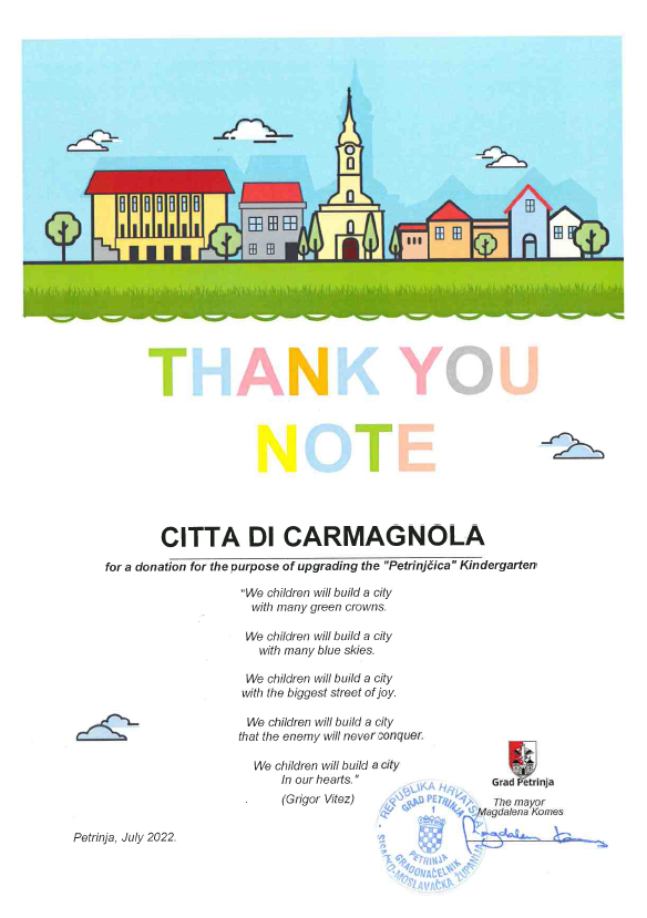Petrinja, città croata, ringrazia Carmagnola per l’aiuto dopo il terremoto del 2021