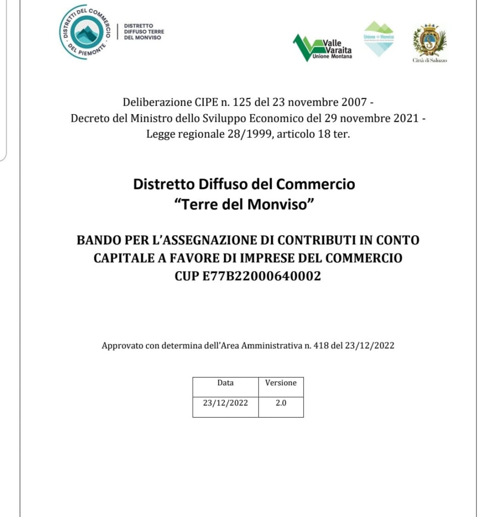 Contributi a fondo perduto per il commercio delle Terre del Monviso