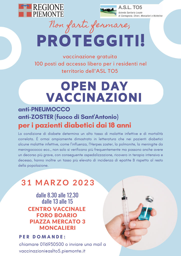 Diabetici, vaccini anti- Pneumococco e Herpes Zoster il 31 marzo a Moncalieri