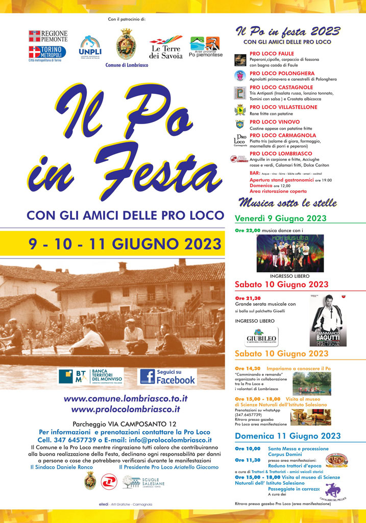 “Il Po in festa” a Lombriasco dal 9 all’11 giugno