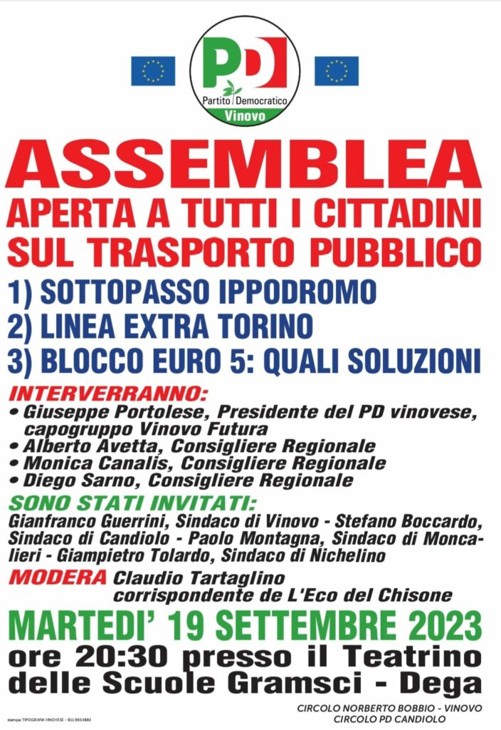 Trasporto pubblico, assemblea proposta dal PD di Vinovo e Candiolo