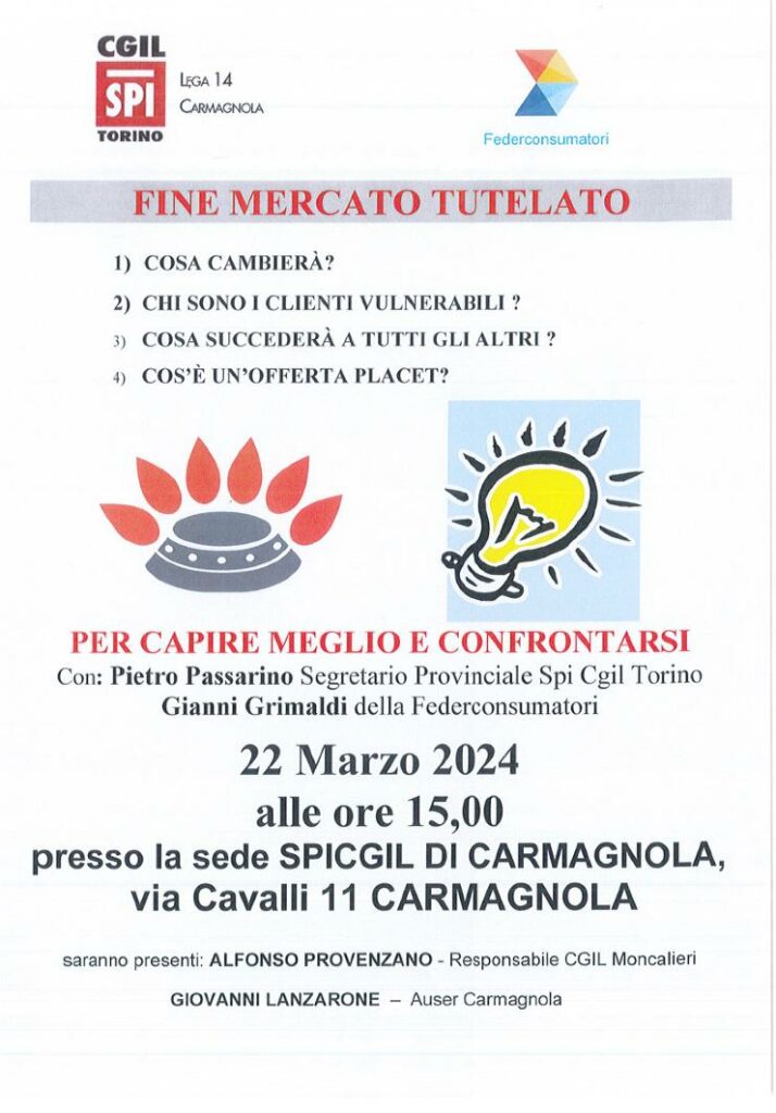 Mercato libero luce e gas, SPI CGIL organizza un incontro per i cittadini