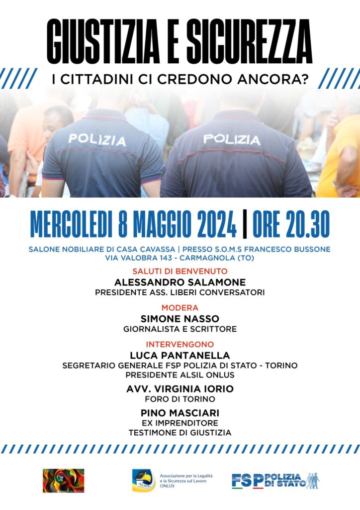 Un convegno su giustizia e sicurezza l’8 maggio a Carmagnola