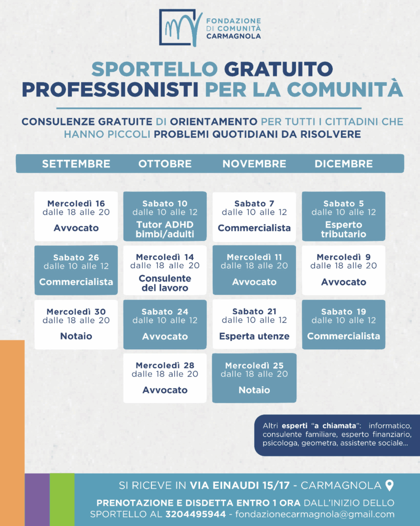 Riapre lo sportello gratuito “Professionisti per la Comunità” a Carmagnola