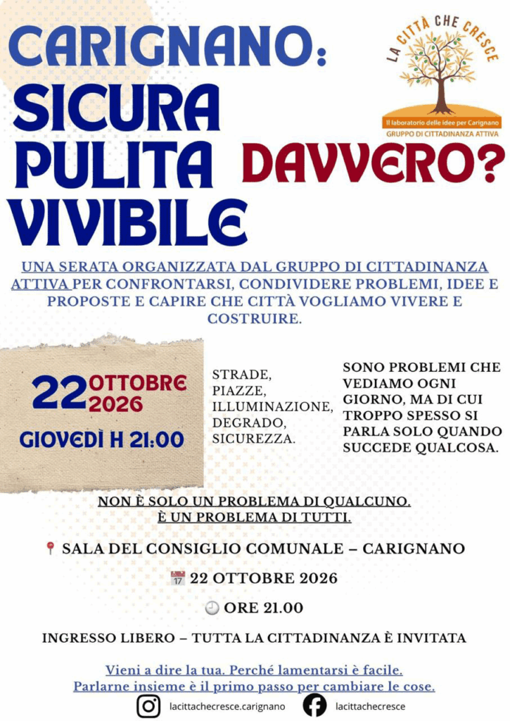 Carignano è davvero sicura, pulita, vivibile? Incontro con “La città che cresce”