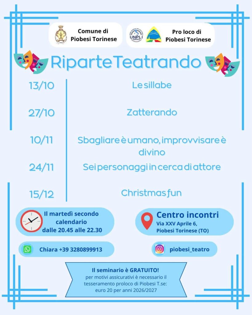 Piobesi, seminario su teatro e recitazione: con Teatrando cinque incontri partendo da questa sera